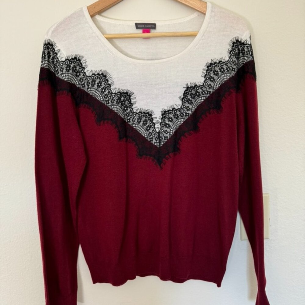 Vince Camuto Red white black long sleeve Sweater with Lace Accent, Size L